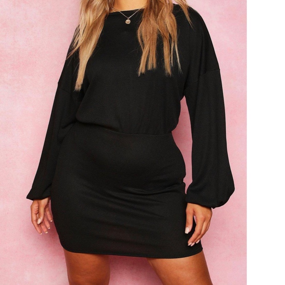 Recycled Balloon Sleeve Rib Mini Dress